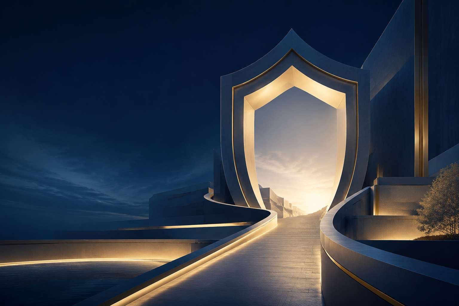 A luminous architectural arch and ascending path representing protected progress
